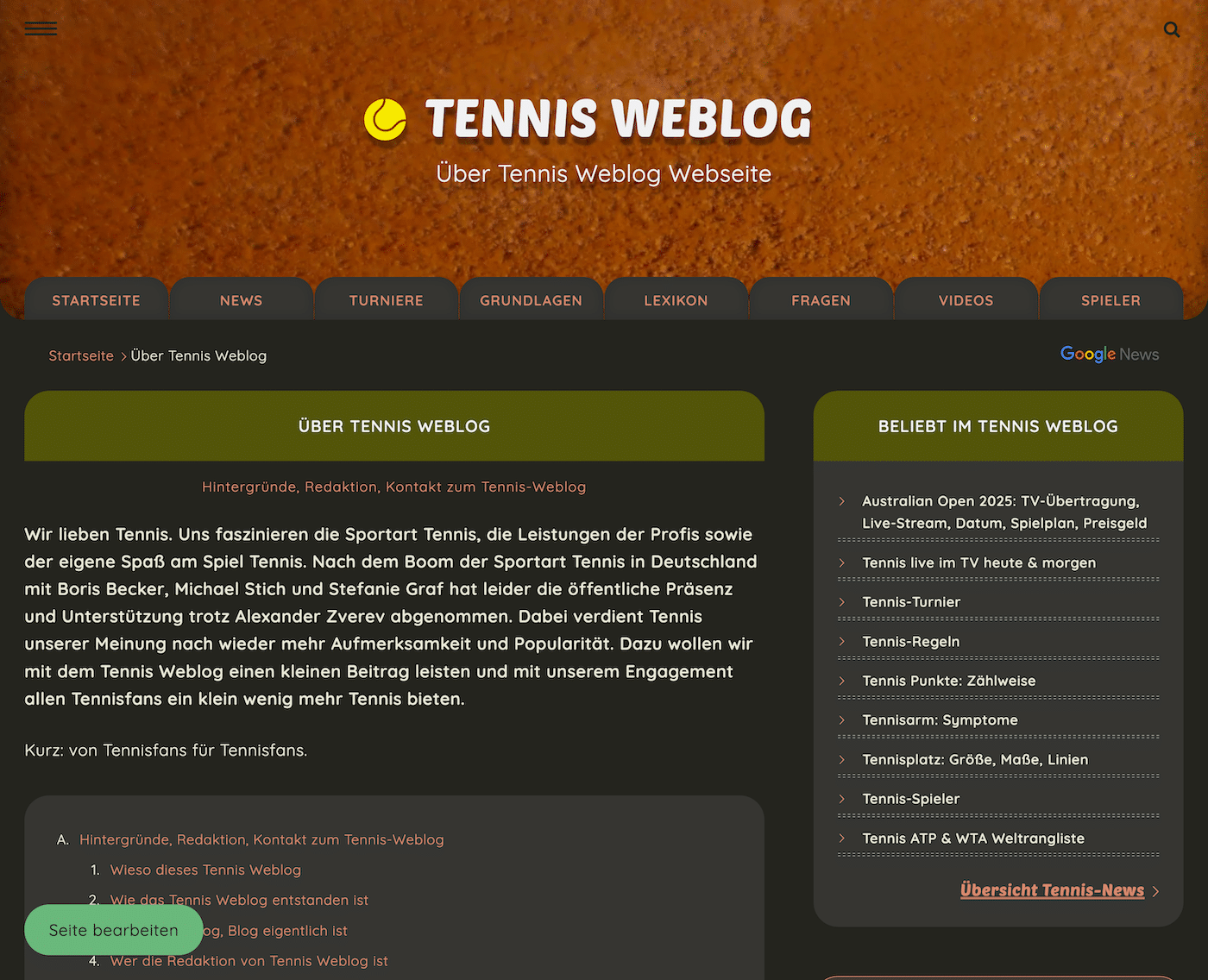 Tennis Weblog im dark mode